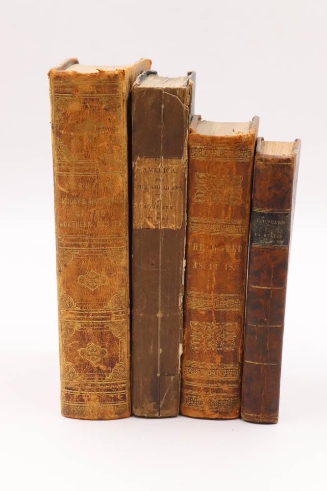 Group of Books on U.S. History and Travel: Including 'History of the United States...' by William Grimshaw, 2nd ed., Philadelphia, 1821; 'The World as It Is...', by Samuel Perkins, 5th ed., 1840; 'America and the Americans', London, 1833; and 