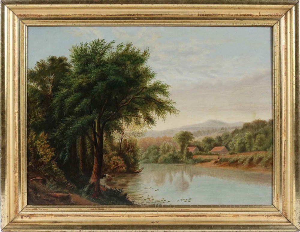 American School Oil on Canvas, Bucolic Riverscape: 19th C., oil on canvas, verso stamped 'H.W. Gear and Co. Importers and Manufacturers, New York' Overall: 27-1/4"h x 35"w Sight: 21-1/4"h x 29"w Provenance: Property from the collection of William and 