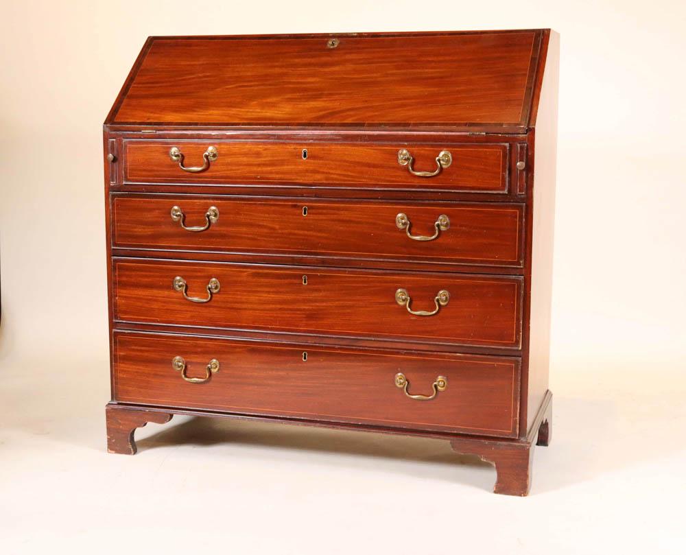 George III Inlaid Mahogany Slant-Front Desk: English, late 18th C. 44"h x 43"w x 20"d