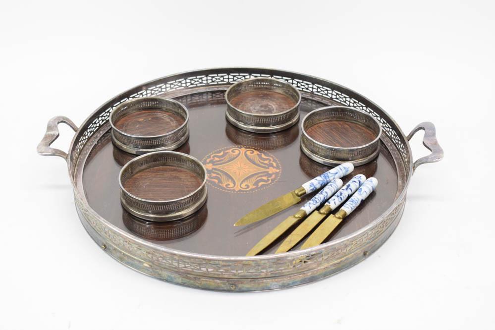 Silverplated Mahogany Inlaid Tray and Coasters (1 of 5)