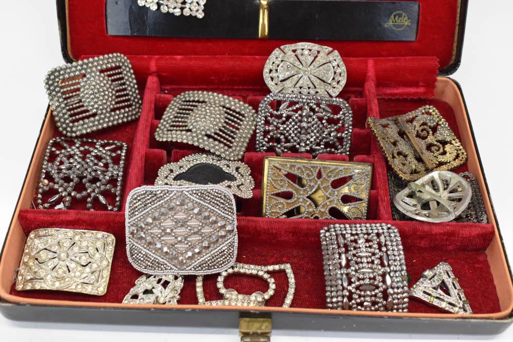 Group of Antique French Steel Cut Shoe Buckles: Group of Antique French Steel Cut Shoe Buckles Including 15 single buckles, rectangular and oval, largest 2-3/4" x 1-7/8". Some stamped France, Made in France, one stamped Wana Yanker. Together with t
