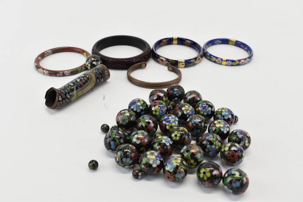 Polychrome Cloisonné Bracelets and Beads: Polychrome Cloisonné Bracelets and Beads Loose beads and three bracelets in cloisonné. Together with a cinnabar bracelet and a magnetic bracelet.