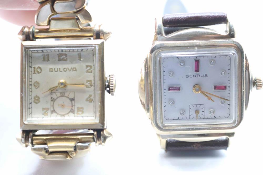 Vintage Art Deco Bulova & Benrus Mechanical Watches: Vintage Art Deco Bulova & Benrus Mechanical Watches in overall good condition. Manual wind. Both currently running but not tested in any manner. Both Gold plated. Both with subsidiary seconds hands at