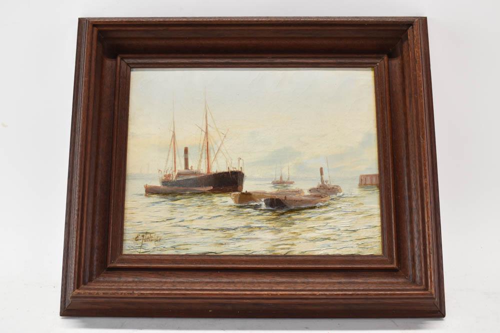 Edward Fletcher Oil on Canvas of Ships on Thames (1 of 5)