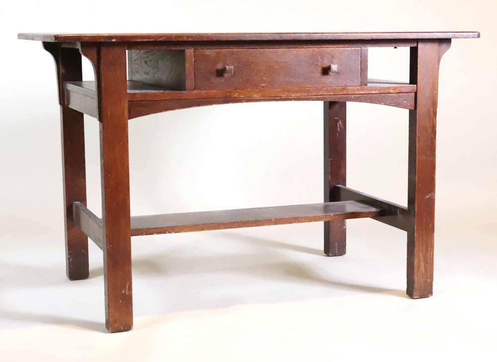 Mission Oak Writing Desk: Mission Oak Writing Desk Early 20th C. fitted with one center drawer. Scratches, wear. 29-1/4"h x 45"w x 26-1/4"d