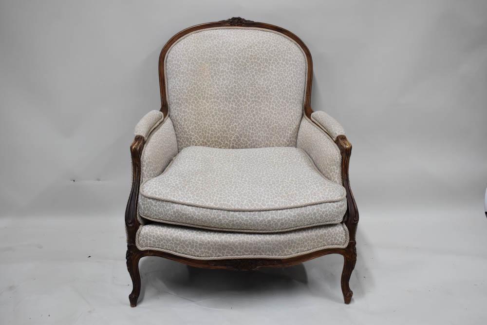 Louis XVI Style Bergere: Louis XVI Style Bergere with Leopard print upholstery and faux grain paint. Used condition, 39 1/2" tall x 34" wide x 26" deep x 20" to top of seat cushion