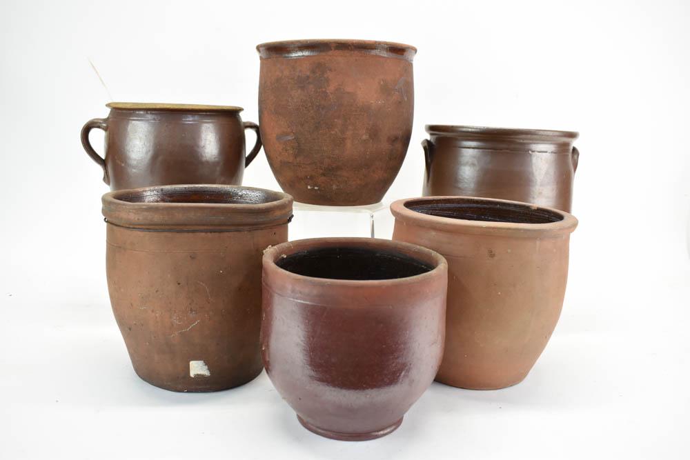 Group of Six Assorted Redware Crocks (1 of 6)