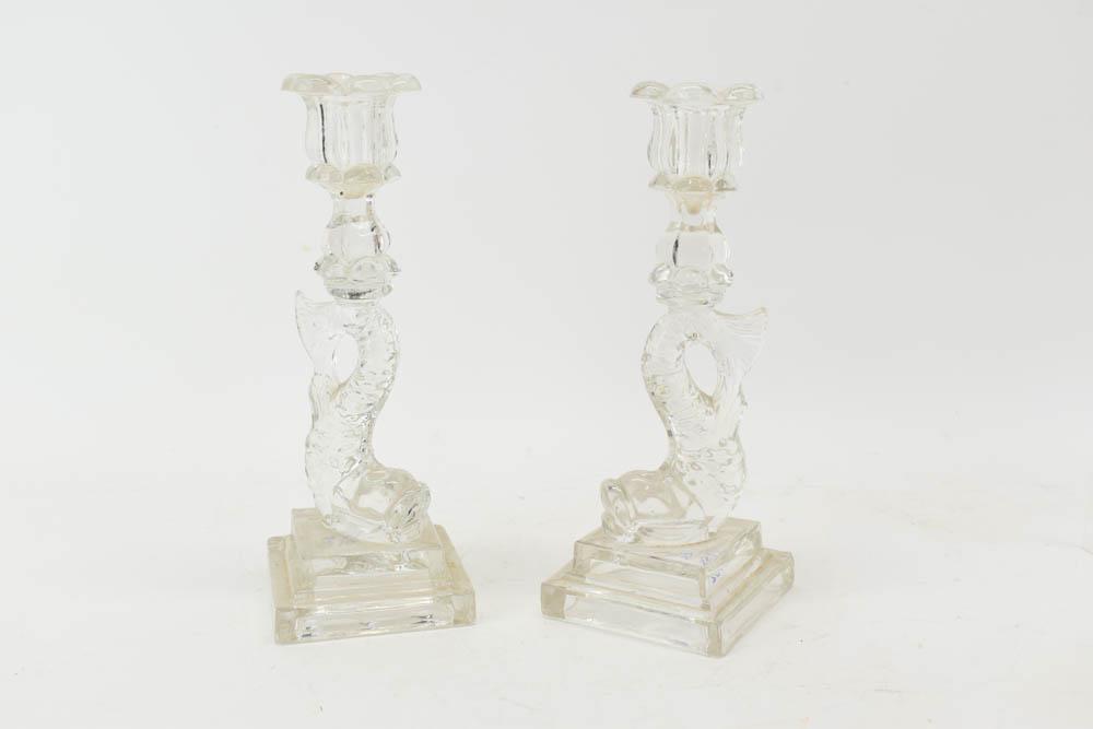 Pair of Sandwich Glass Dolphin Form Candlesticks (1 of 9)