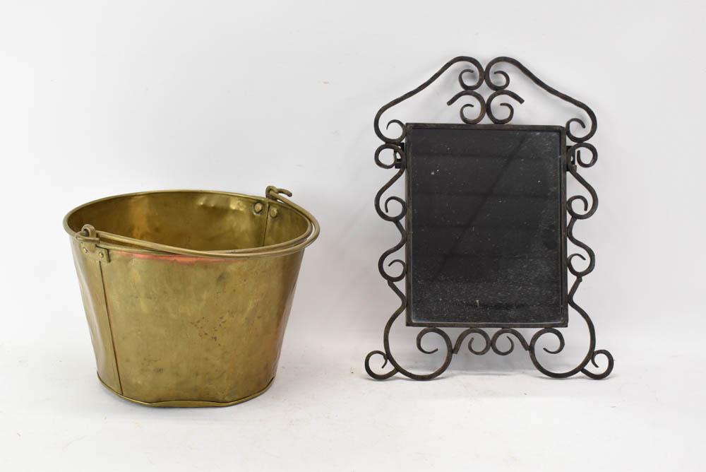 Wrought Iron Scrollwork Mirror and Brass Bucket (1 of 5)