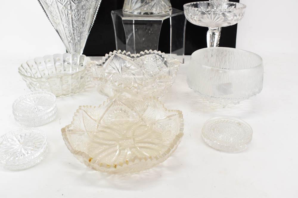 Group of Molded and Cut Glass Table Articles: Group of Molded and Cut Glass Table Articles, 20th C., appx. 15 pieces Vase: 10"h Pitcher: 10"h Bowl: 8-1/2"dia
