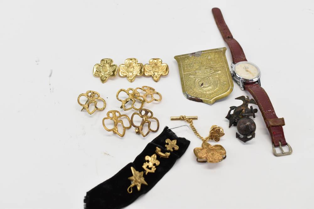 Girl Scout, Boy Scout, Navy and Forest Ranger Pins: Girl Scout, Boy Scout, Navy and Forest Ranger Pins Comprising nine girl scout/Brownie pins, five boy scout pins, two navy pieces, a Timex girl scout watch, and a Junior Forest Ranger badge. Losses
