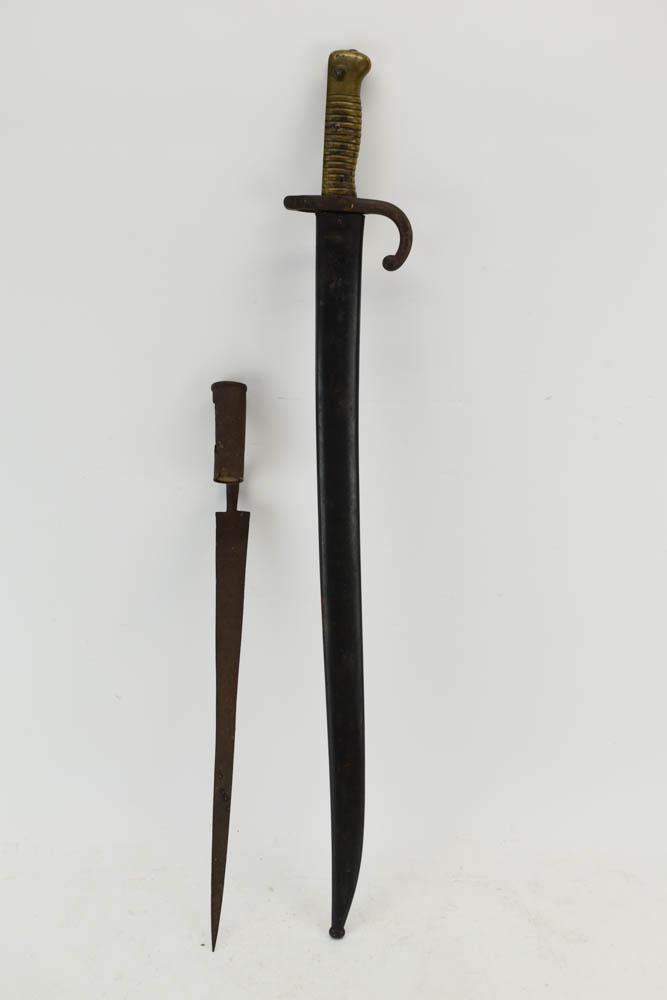 Antique French Chassepot Bayonet 1872: Antique French Chassepot Bayonet and Scabbard having owners name engraved and dated 1872. Together another antique bayonet. Used condition, wear, worn, surface distress, rust. 28" long