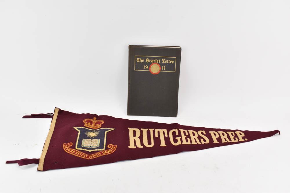 Two Antique Rutgers College Ephemera: Two Antique Rutgers College Ephemera including a book titled "The Scarlet Letter" 1911 and a Rutgers Prep pennant. Used condition, wear, worn, binding seam split inside cover.