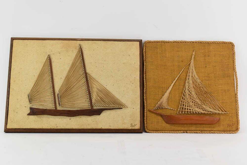 Two Bruce W Forster String Art of Sail Ships: Two Bruce W. Forster String Art of Sail Ships each depicting a different sail ship, initialed in thread lower right and labeled with artist signature on verso. Presented in handmade frame and ground. 