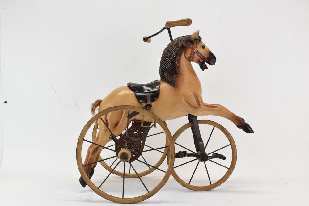 Vintage Child's Pedal Cart Riding Horse: Vintage Child's Pedal Cart Riding Horse. Possible real horse hair tail. Paint loss and surface distress. 22 1/2"h x 26 1/2"l x 11 1/2"w.