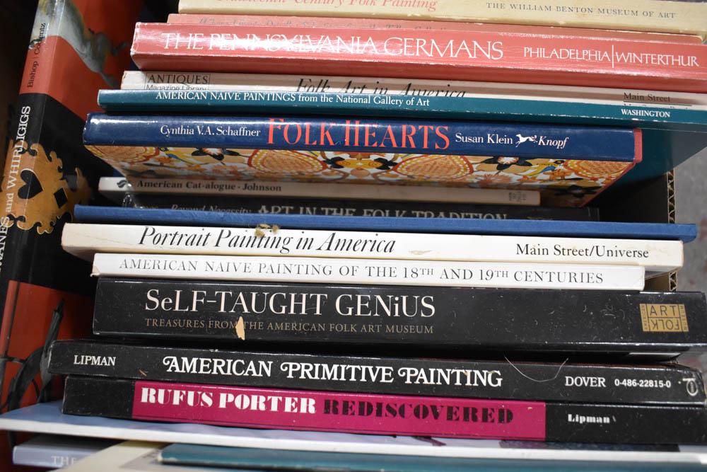 Group of Books Primarily on American Folk Art: Group of Books Primarily on American Folk Art, comprising titles such as 'The World of John Brewster, Jr'; 'Folk Hearts'; 'Folk Art in American Life'; 'Edward Hicks: A Gentle Spirit'; 'American Primit