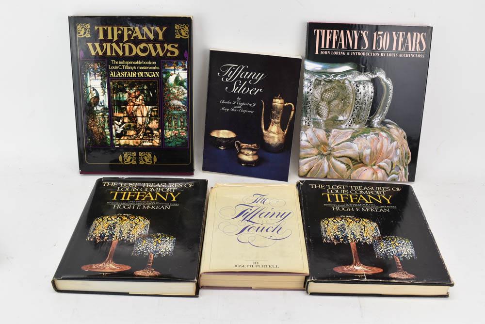 Five Books on Tiffany Silver and Glass: Five Books on Tiffany Silver and Glass, including 'The Lost Treasures of Louis Comfort Tiffany' and 'Tiffany Silver'. Used condition, wear, worn