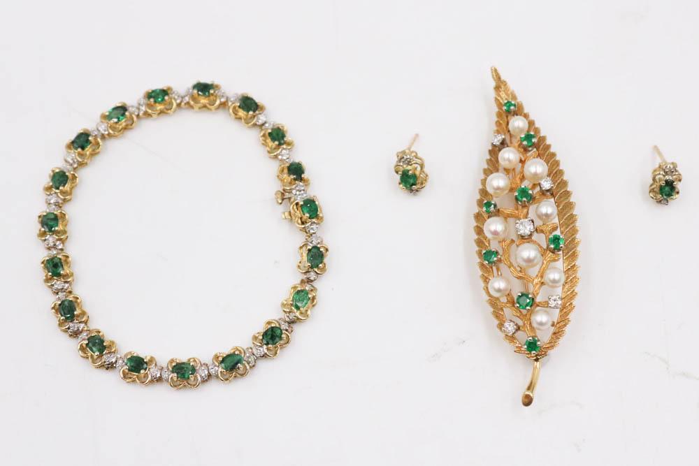 Yellow Gold Emerald Pearl & Diamond Leaf Brooch (1 of 7)