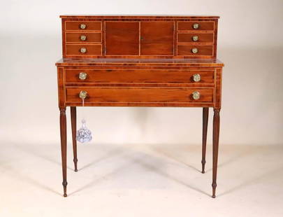 Federal Inlaid Mahogany Lady's Desk: William Clark, Providence, Rhode Island, circa 1800. Underside of one short drawer signed "W. Clark, Cabinetmaker" 41-1/2"h x 36-1/2"w x 18-1/4"d Provenance: Israel Sack, Inc., New York; Property from