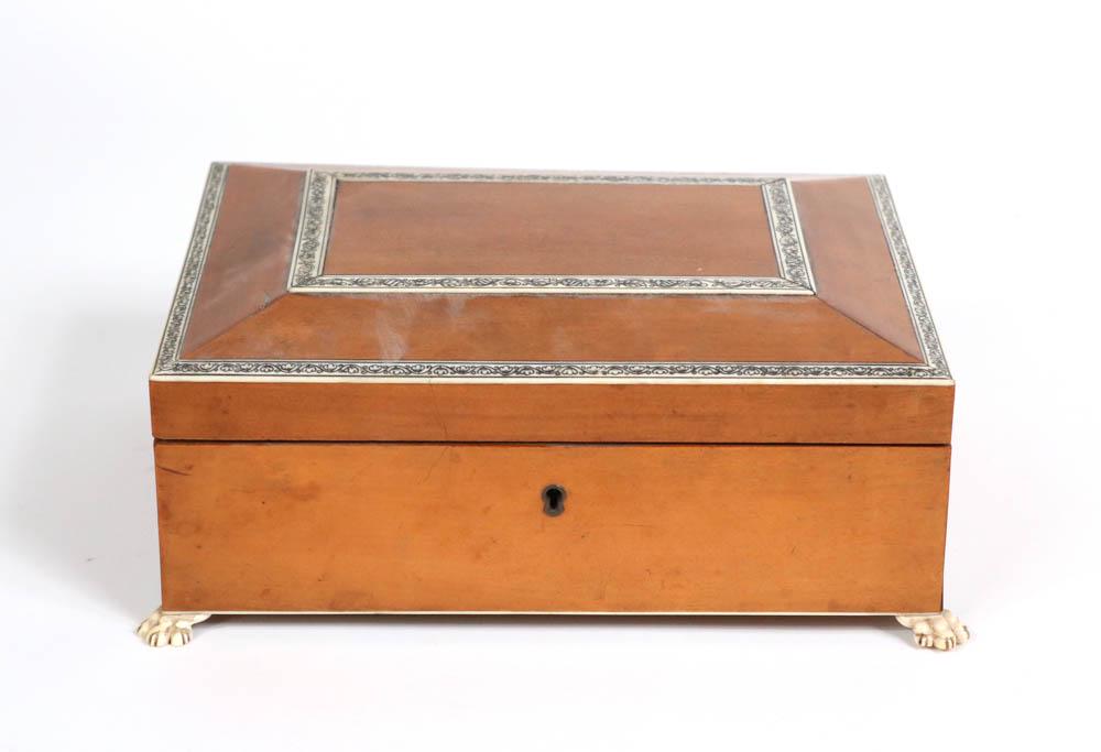 Anglo-Indian Part-Ebonized and Inlaid Whist Box: Sandalwood, with key and removable upper compartment 2-3/4"h x 7-3/4"w x 6"d Provenance: Milne, London; Property from the Collection of Mimi Adler