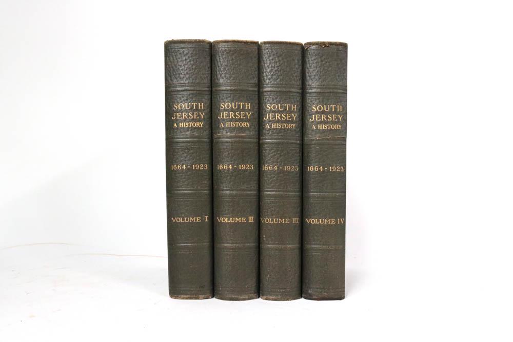 'South Jersey: A History 1664-1923': 4 vols in three-quarter black leather with green cloths boards, each with photographic plates. Published by Lewis Historical Publishing Company, New York and Chicago, 1924 Some light annotations throu