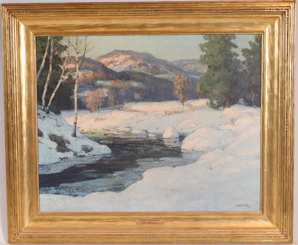 Oil on Canvas, Walter Koeniger, Winter Landscape: Titled 'Winter Afternoon' Overall: 43"h x 38"w Sight: 33"h x 27"w