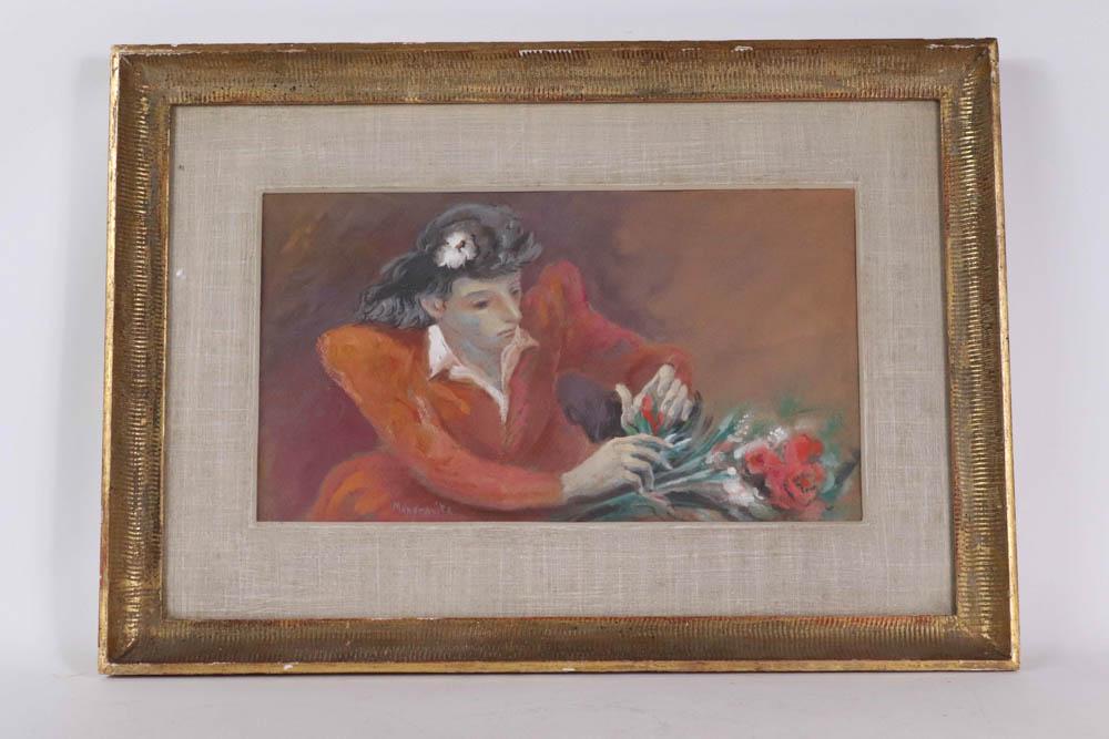 Peppino Mangravite, 'Girl in Red', Pastel on Paper: (Italian-American, 1896-1978) Overall: 18-1/2"h x 22"w Sight: 9-1/2"h x 17-1/2"w