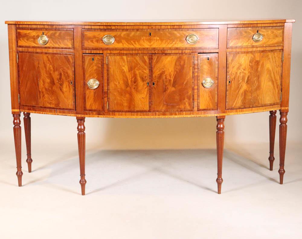 Federal Inlaid Mahogany Sideboard: North Shore, Massachusetts, 1800-1820, the underside incised "Property of Louise Merrill", "Calix", and "1909" 43"h x 72"w x 25"d