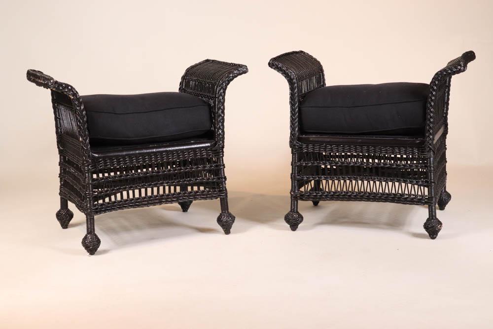 Pair of Vintage Black-Painted Wicker Stools (1 of 8)