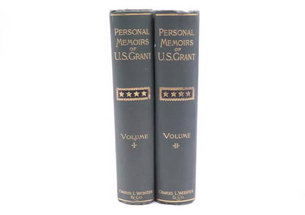 Ulysses S. Grant, 'Personal Memoirs': New York, Charles L. Webster & Co., 1885-1886, 1st ed., 2 vols., 8vo, publisher's green cloth gilt, the first volume with a clipped facsimile of Twain's royalty check to GrantSome light wear at