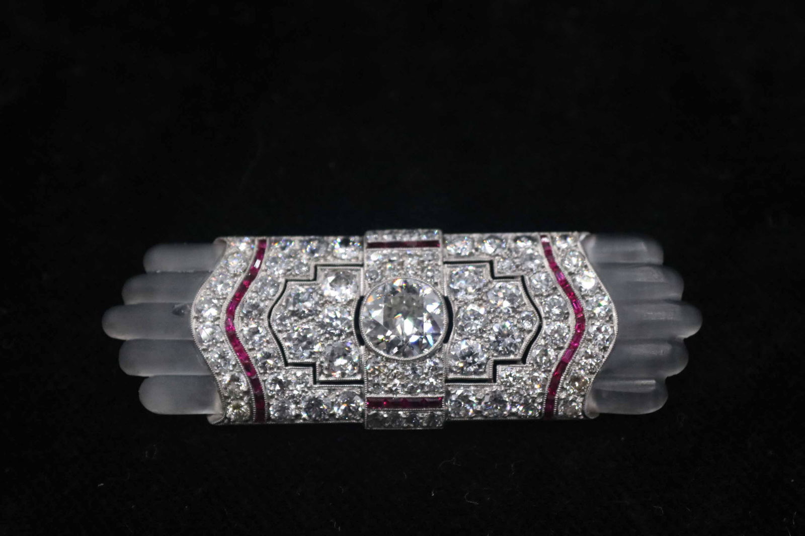 Art Deco Platinum Rock Crystal Diamond Ruby Brooch (1 of 6)