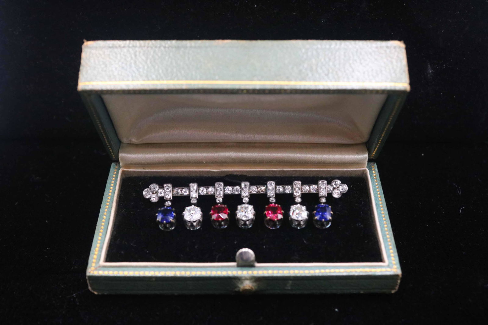 Silver Topped Gold Diamond Ruby & Sapphire Bar Pin (1 of 10)