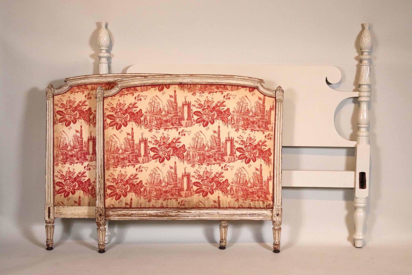 Louis XVI Painted Beechwood Lit D'Alcove: French, 19th C., together with a Federal style white painted headboard Lit d'alcove: 38"h x 39"w Headboard: 4'h x 4'10"w Provenance: Property from a New York City Gentleman