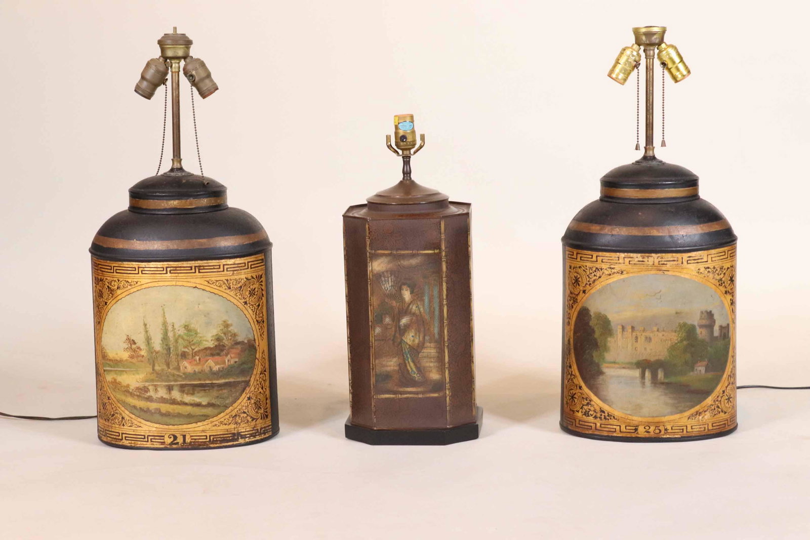 Three Tole Tea Cannisters Fitted as Lamps (1 of 10)