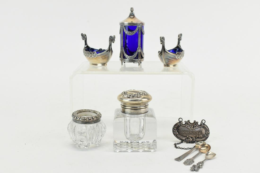 Sterling Silver Mounted Colorless & Cobalt Glass: Sterling Silver Mounted Colorless & Cobalt Glass comprising an inkwell a pair of salt cellars with cobalt liners, a salt cellar with colorless glass base, a tall salt cellar with cobalt liner, a "Sher