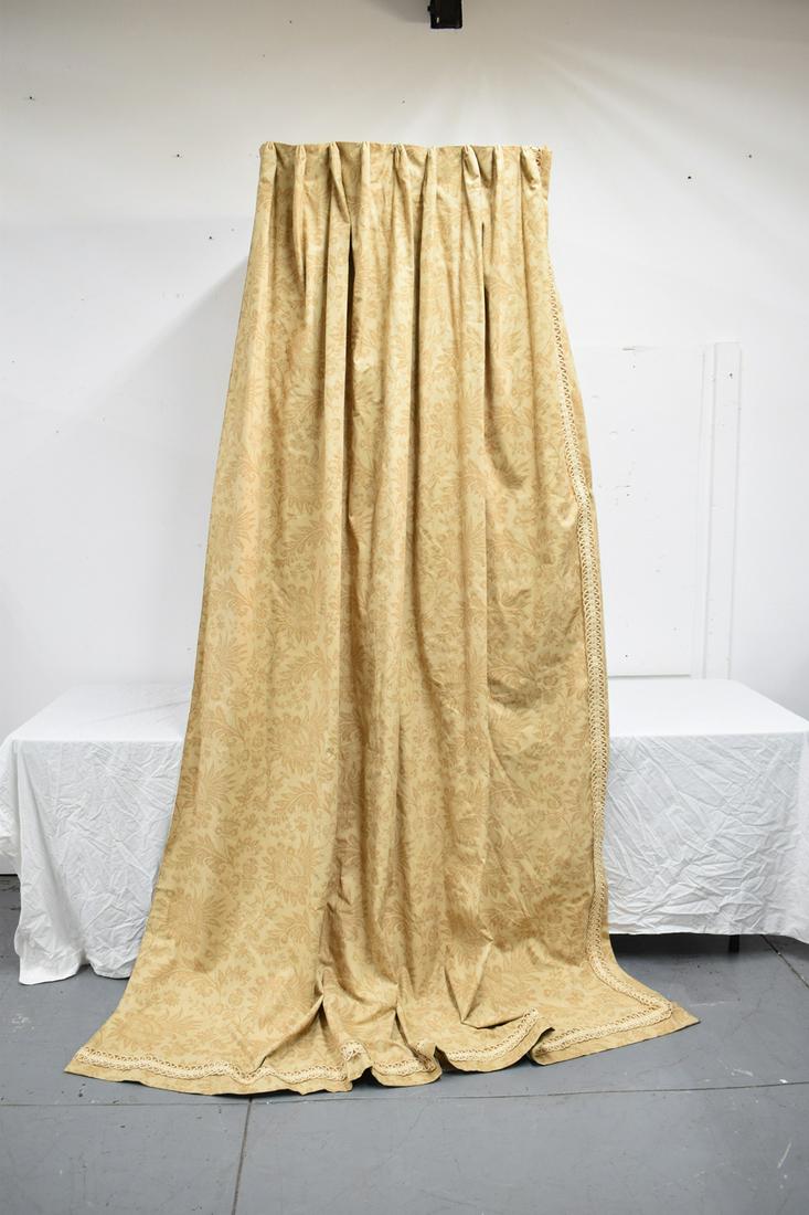 Four Tan Floral Cotton Drapes: Four Tan Floral Cotton Drapes having neutral earth tones, together with four sheer linings and six stripped pattern linings. Used condition, wear, worn, fading, discoloration. Each appx. 8 feet 10 inc