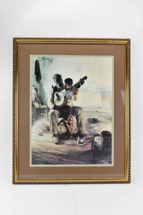 Henry Ossawa Tanner Art Print of Banjo Lessons: Henry Ossawa Tanner Art Print, depicting a man giving Banjo lessons to a young boy, mounted in frame Used condition, not examined outside frame Overall: 26" x 32"