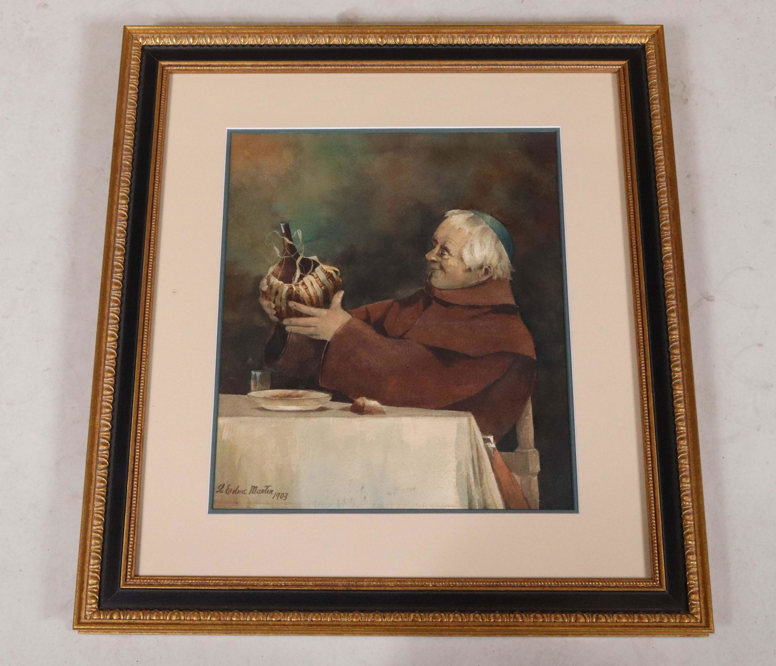 L. Edna Marten, Monk and a Bottle of Wine: (19th/20th C.), watercolor on paper, signed and dated "L. Edna Martin, 1903" Overall: 21"h x 19"w Sight: 13"h x 11"w Provenance: Property from a Private New Jersey Collection
