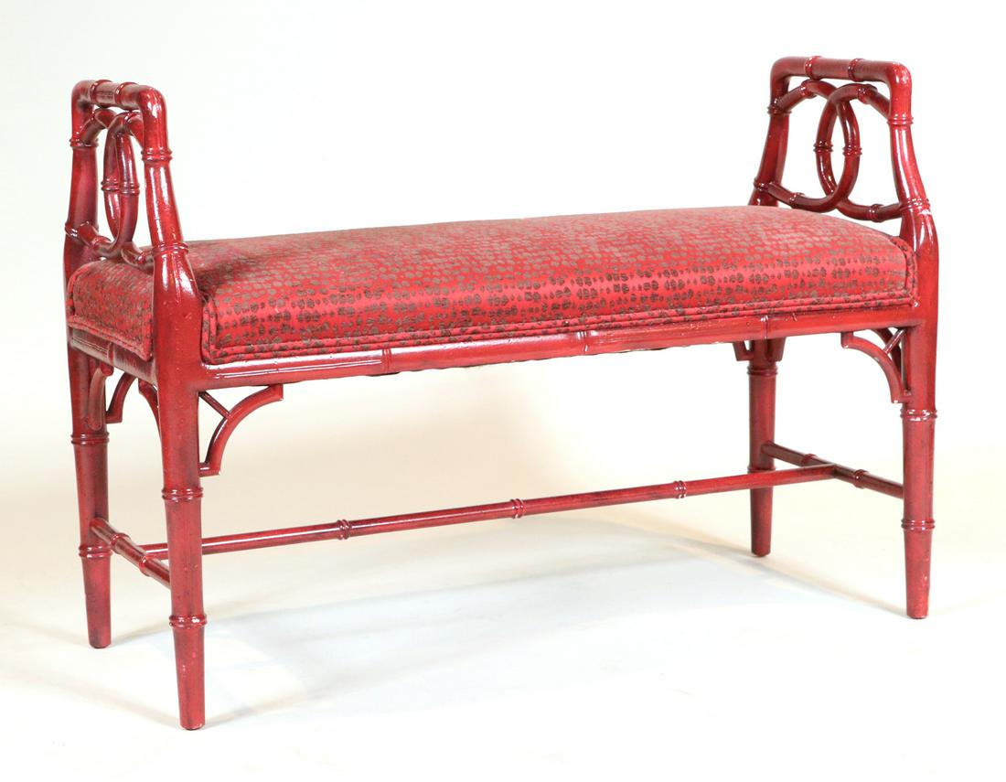 Red-Painted Rattan Upholstered Window Seat: 20th C. Some chips and losses 25-1/2"h x 36"w x 15"d