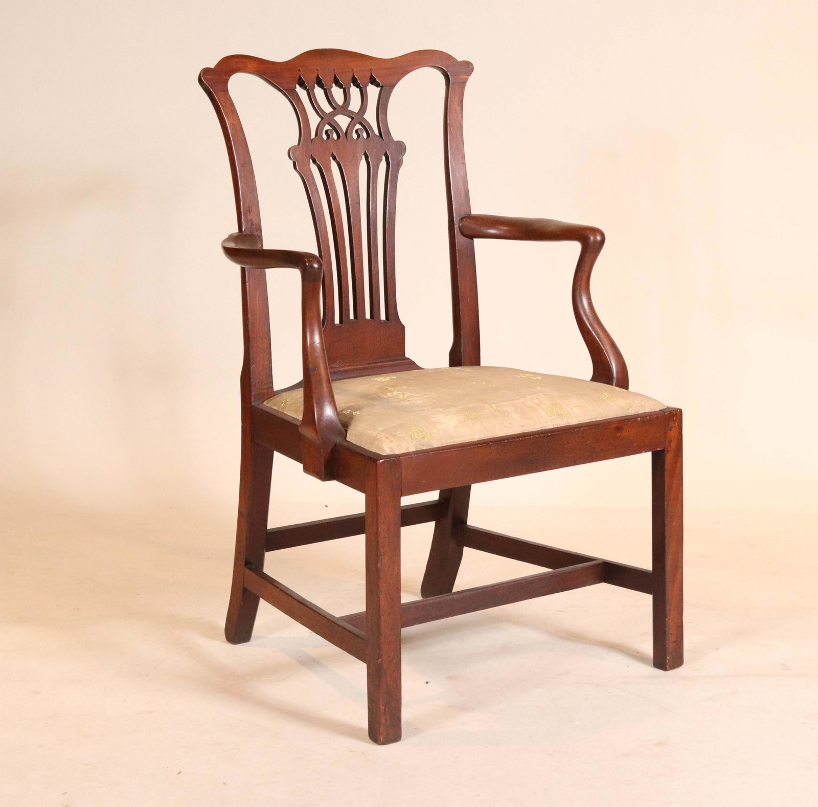 George III Mahogany Armchair: English, late 18th C. Restoration and losses to crest. 31-3/4"h x 38"w x 20"d Property from the Kahn Collection, Westchester, NY