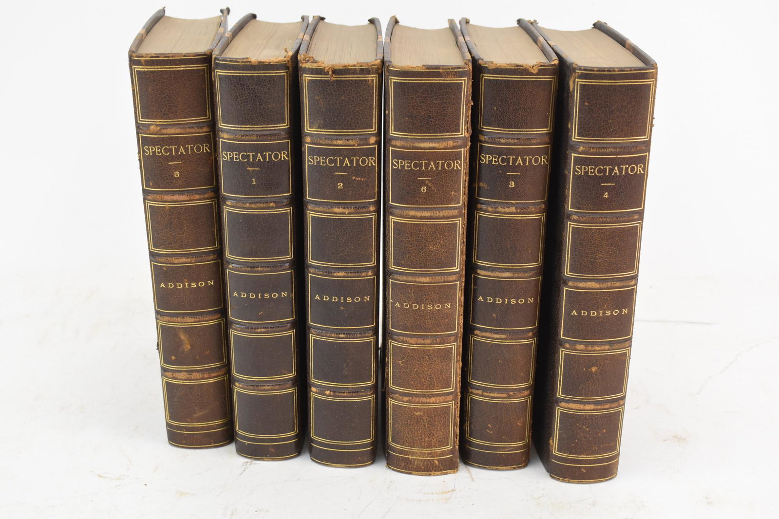 Six Volumes of Spectator by Alexander Chalmers: Six Volumes of Leather Bound 'Spectator' by Alexander Chalmers ,New York, 1861 Used condition, wear, worn, foxing, discoloration, surface distress Provenance: By descent, Bishop, Peabody, Metcalf fami