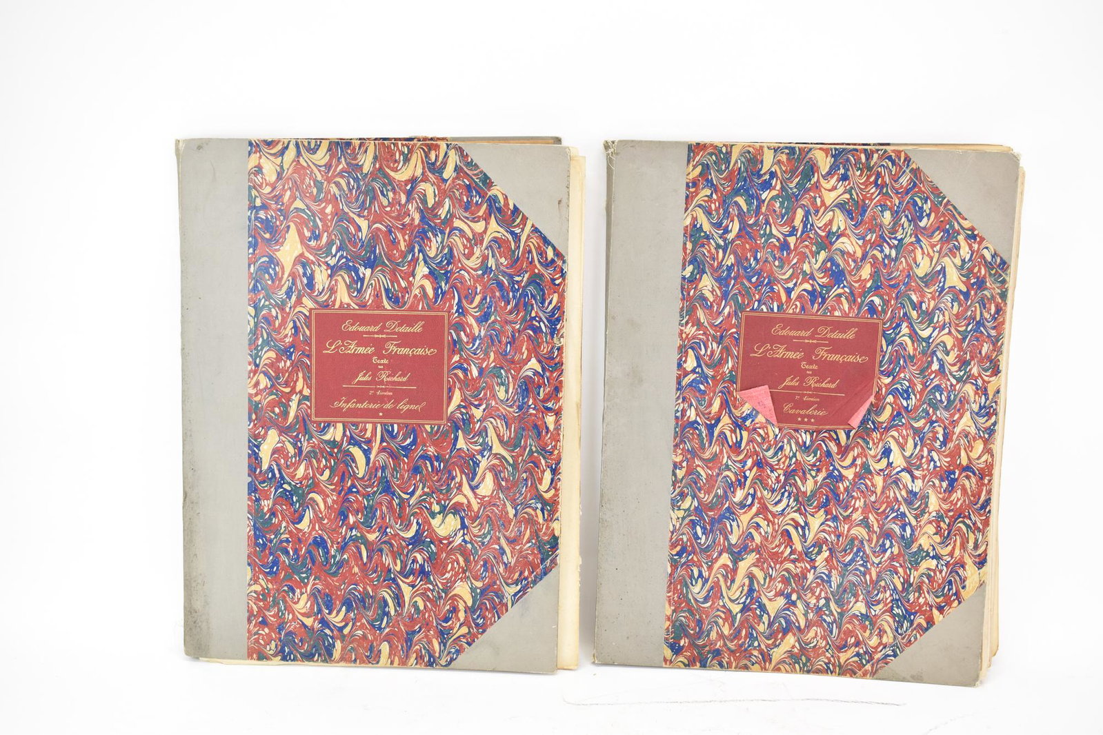 'Types et Uniformes de L'Armee Francaise': 'Types et Uniformes de L'Armee Francaise', by Jules Richard, with illustrations by Edouard Detaille, 2 volumes, folio, published by Boussod, Valadon & Cie, Paris, 1887 Overall fair to poor condition, 
