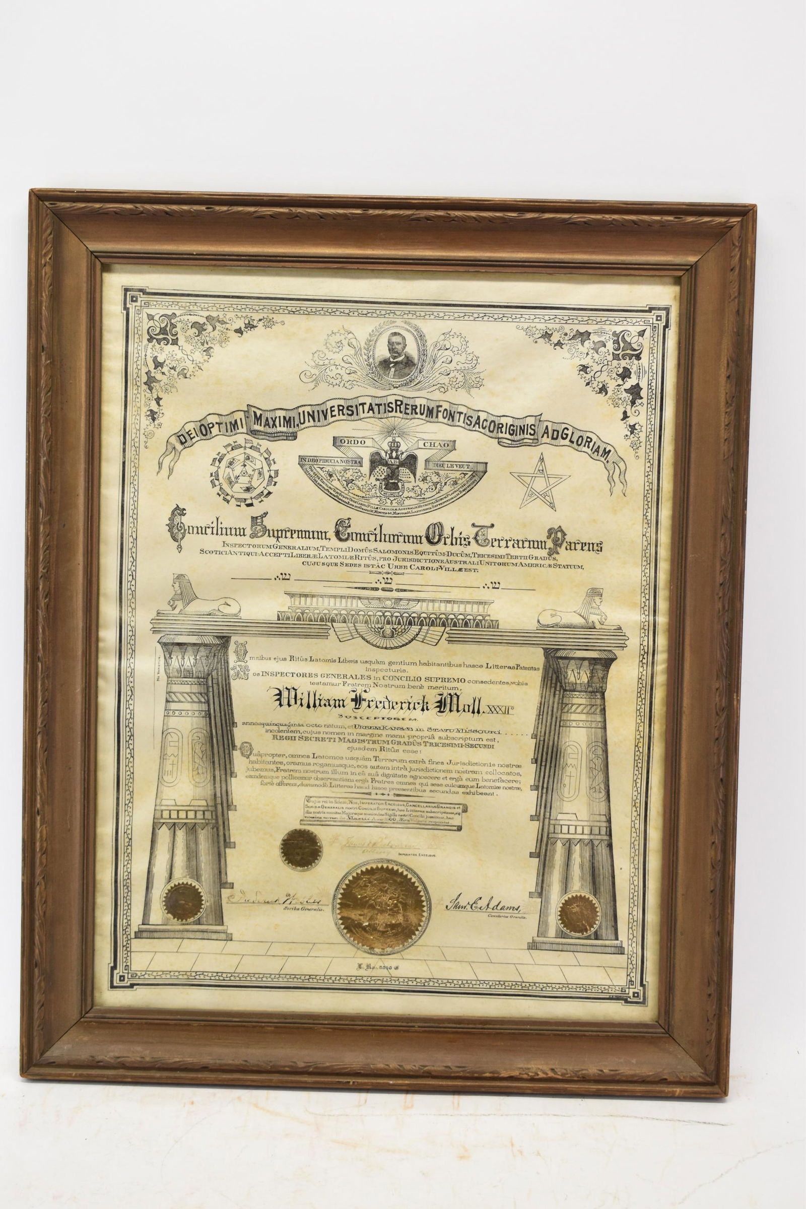 Masonic Scottish Rite Document: Masonic Scottish Rite Document, awarded to William Frederick Moll, Kansas City, MO, March, 1900, hand-illustrated Overall: 26"h x 21"w Sight: 21-3/4"h x 16-3/4"w Provenance: By descent, Clinedinst fam