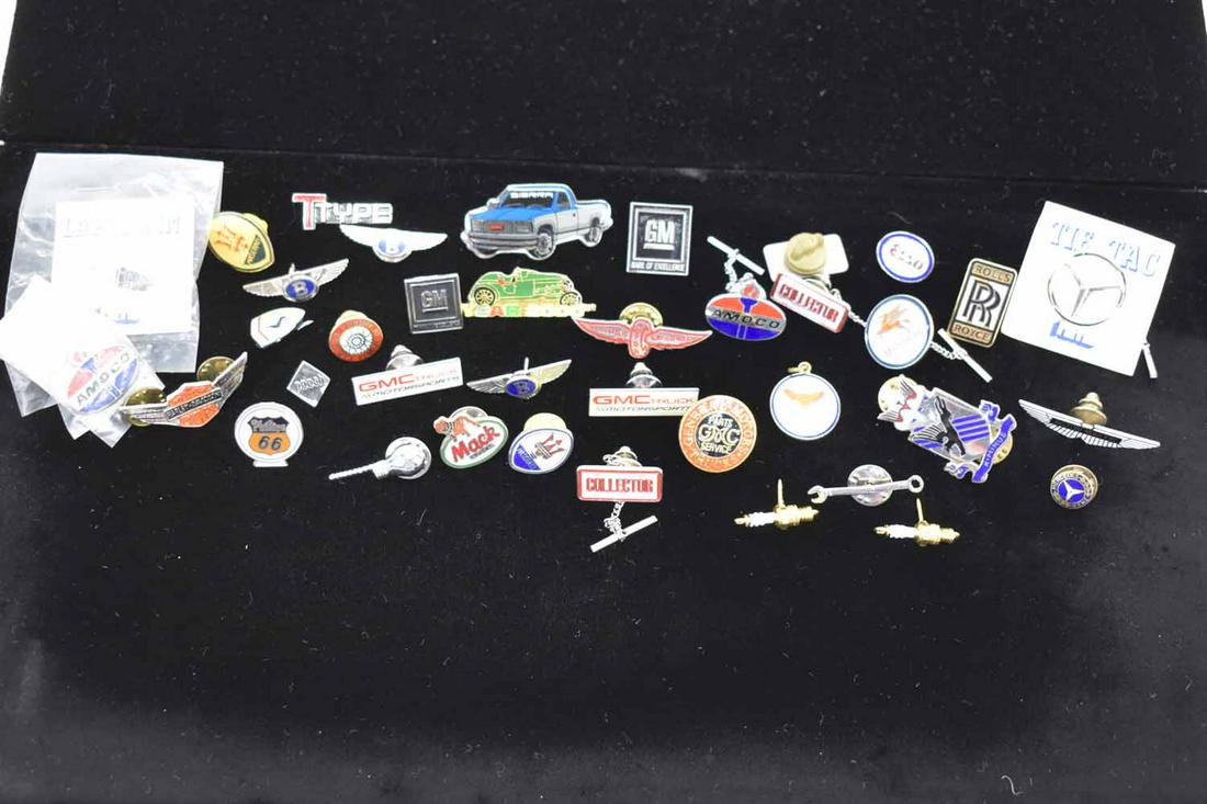 Group of Automotive Lapel Pins: Group of Automotive Lapel Pins including Bentley, Rolls Royce, Aston Martin, Maserati, Ferrari, Mercedes, Harley Davidson, Mack, GMC, Esso, Mobilgas, Phillips 66, Amoco and others (38 items total); us