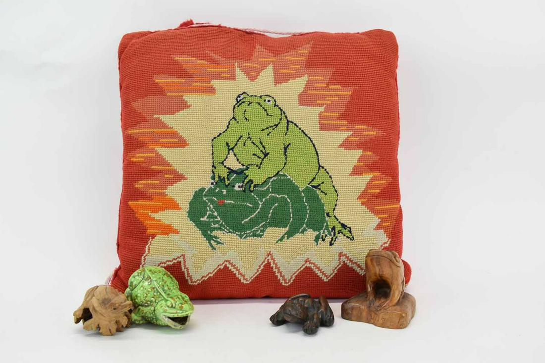 Erotic Copper Frog: Erotic Copper Frog together with two wooden carved frogs, a needlework erotic leap frog pillow, and one ceramic garden frog; used condition, wear/worn; copper frog measures 3" x 2 1/2" x 3/4"