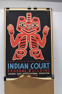 Louis Siegriest Original WPA Indian Court Poster: Louis Siegriest Original WPA Indian Court Poster for the Indian Court exhibit at the Golden Gate International Exposition in San Francisco 1939, showing blanket design of the Haida Indians, Alaska, ma