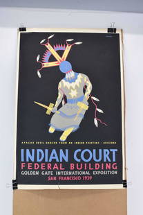 Louis Siegriest Original WPA Indian Court Poster: Louis Siegriest Original WPA Indian Court Poster for the Indian Court exhibit at the Golden Gate International Exposition in San Francisco 1939, showing Apache Devil Dancer from an Indian Painting,