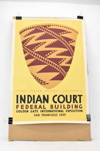 Louis Siegriest Original WPA Indian Court Poster: Louis Siegriest Original WPA Indian Court Poster for the Indian Court exhibit at the Golden Gate International Exposition in San Francisco 1939, showing Pomo Indian Basket, California, marked "Siegrie