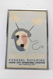 Louis Siegriest Lithograph Indian Court 1939: Louis Siegriest Lithograph Indian Court 1939 of "Eskimo Mask, Western Alaska" Used condition, minor creasing around edges, has foxing and staining and crease at top, not examined outside frame 25-1/8"
