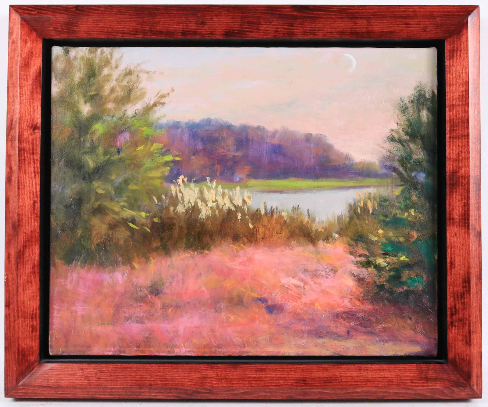 Lucy Reitzfeld, Oil on Canvas, Morning Moon: Lucy Reitzfeld, Oil on Canvas, Morning Moon, 1993, verso inscribed "Lucy G Reitzfeld, Morning Moon '93" Overall: 20-1/4"h x 24-1/4"w x 2-1/4"d Sight: 15-1/4"h x 20-1/4"w Property from a Short Hills, N
